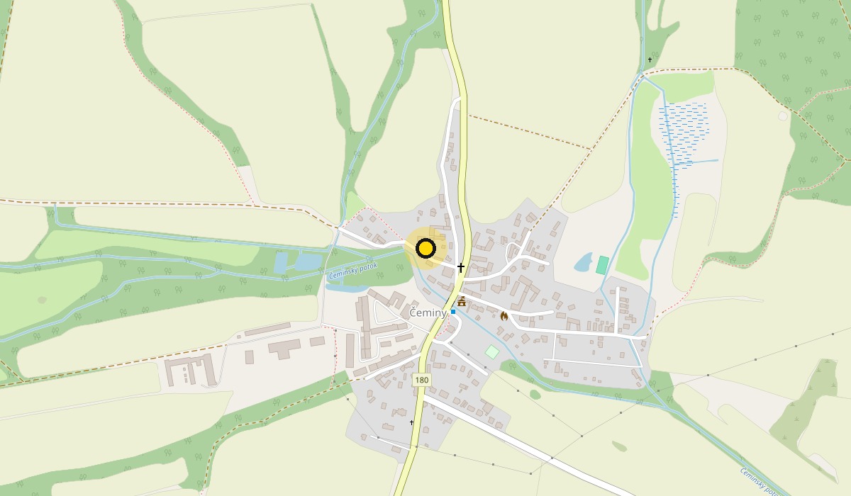 Mapa s vyznačeným místem Čeminy 10, 330 33 Město Touškov